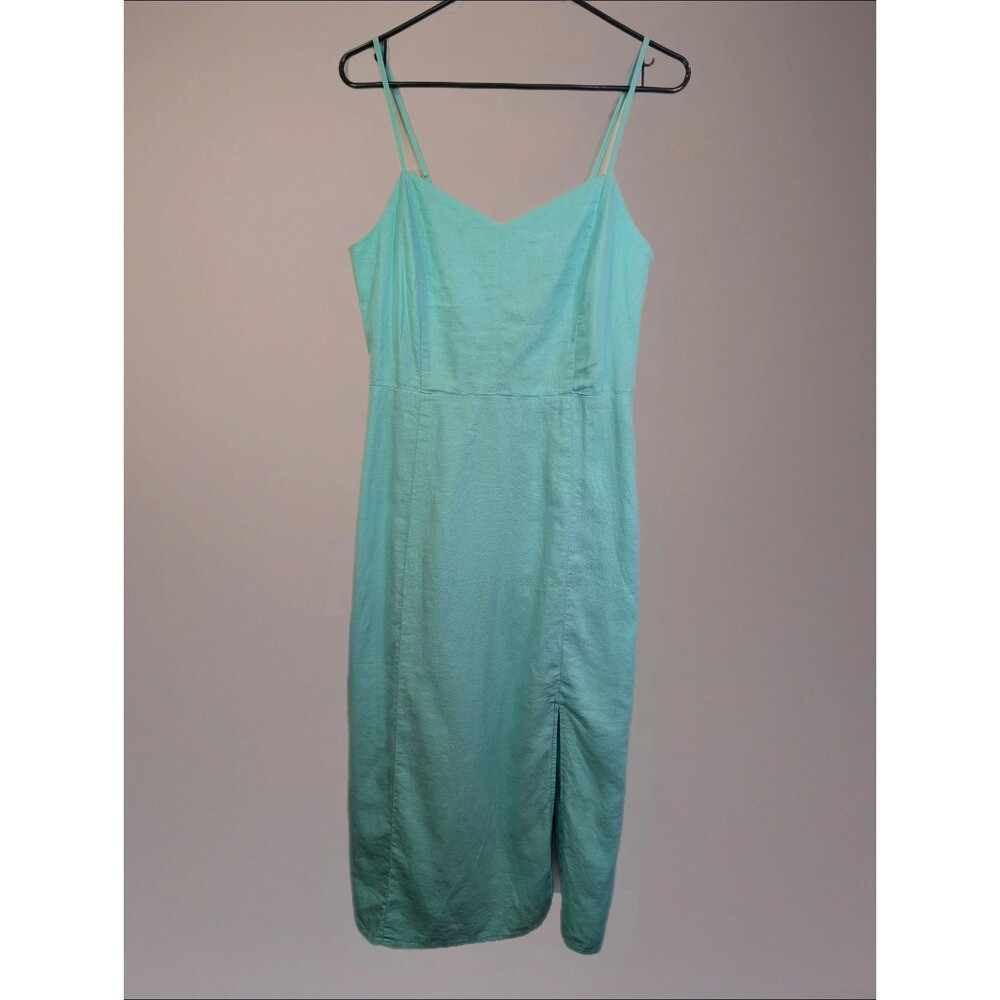 Women's J.Crew Spaghetti Strap Linen Blend Side Slit Midi Dress Aquamarine 4